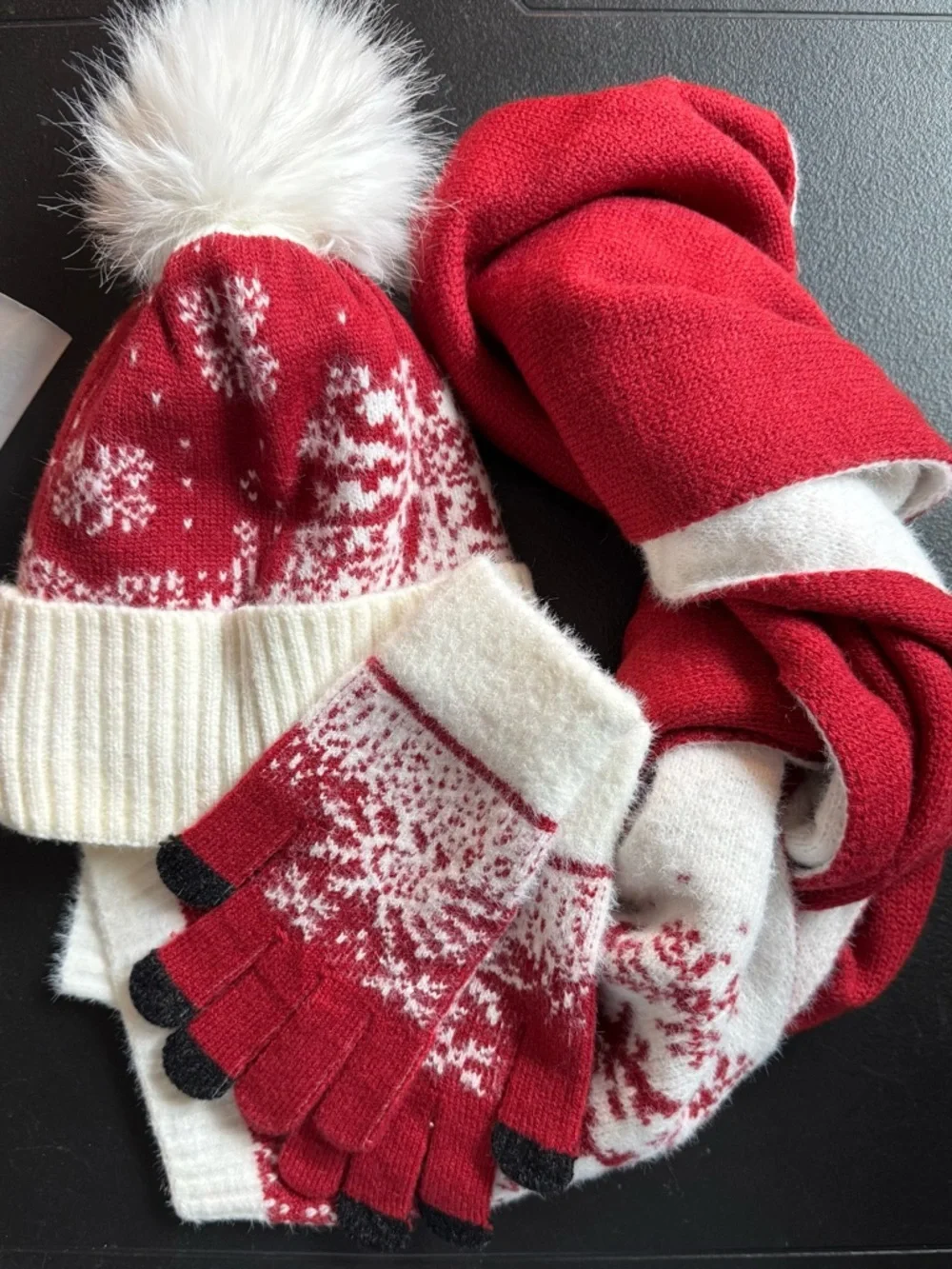 Cozy Red and White Knit Beanie, Scarf & Touchscreen Gloves Set